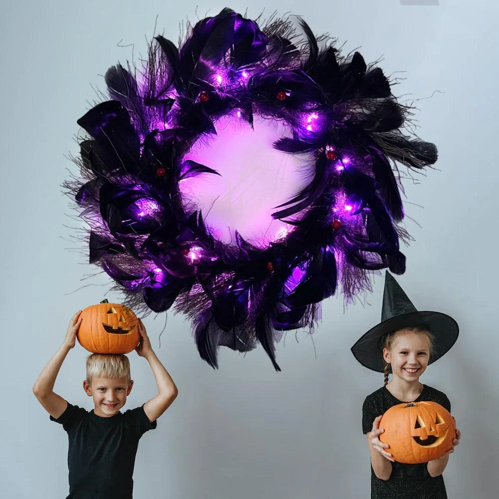 Halloween Black Feather Wreath-with Lights -  - #tag1#