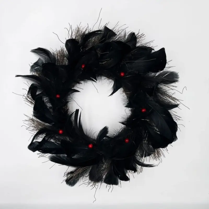 Halloween Black Feather Wreath with Lights tag1