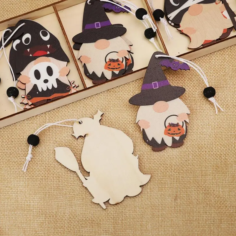 Halloween Decoration Cartoon Gnome Wooden Pendant tag1