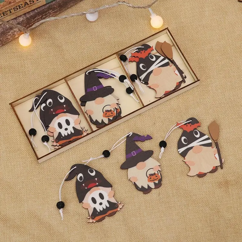 Halloween Decoration Cartoon Gnome Wooden Pendant tag1