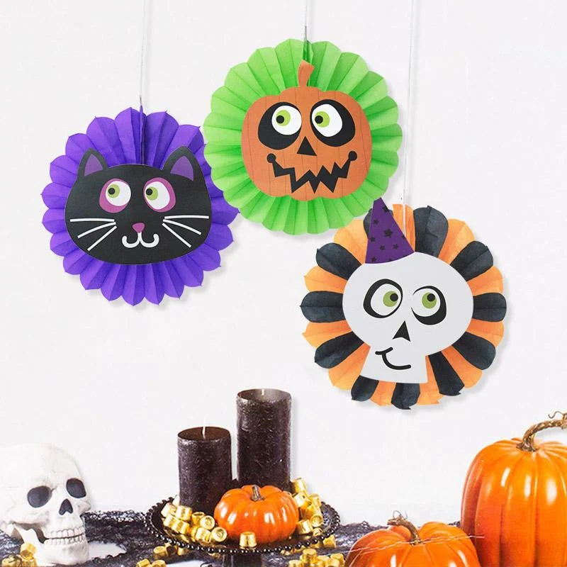 Halloween Decorative Cartoon Skull Pumpkin Colorful Paper Fan Set -  - #tag1#