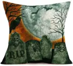 Halloween Gray green Skull Tombstone Pillow tag1