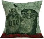 Halloween Gray green Skull Tombstone Pillow tag1