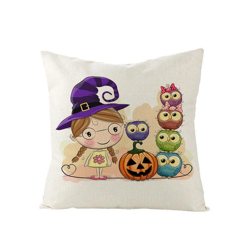 Halloween Linen Cute Cartoon Printed Kitten Pumpkin Head Pillow Cover -  - #tag1#