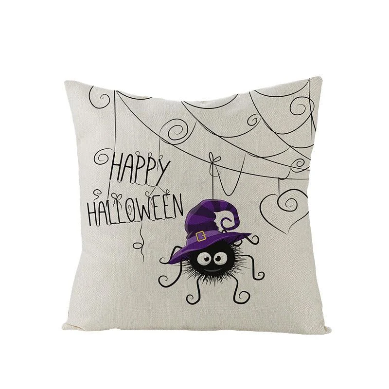 Halloween Linen Cute Cartoon Printed Kitten Pumpkin Head Pillow Cover -  - #tag1#
