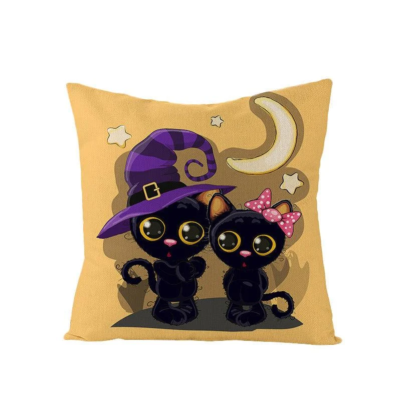 Halloween Linen Cute Cartoon Printed Kitten Pumpkin Head Pillow Cover -  - #tag1#