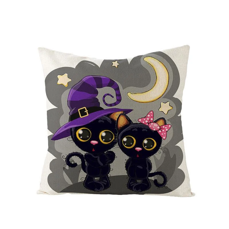 Halloween Linen Cute Cartoon Printed Kitten Pumpkin Head Pillow Cover -  - #tag1#