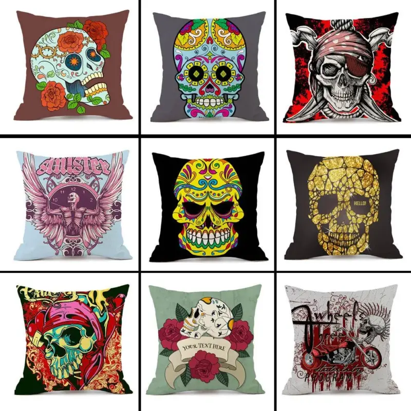 Halloween Personalized Retro Skull Linen Print Throw Pillow Cushion Cover tag1