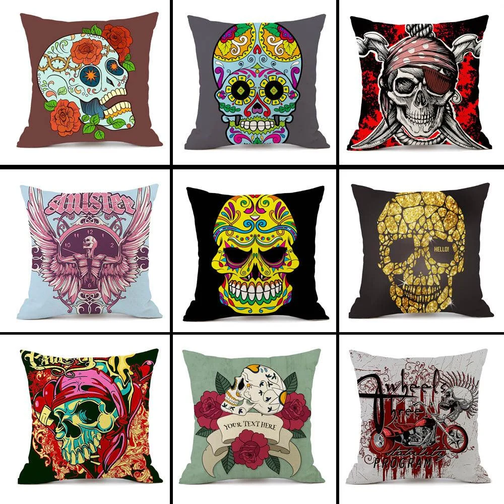 Halloween Personalized Retro Skull Linen Print Throw Pillow Cushion Cover -  - #tag1#