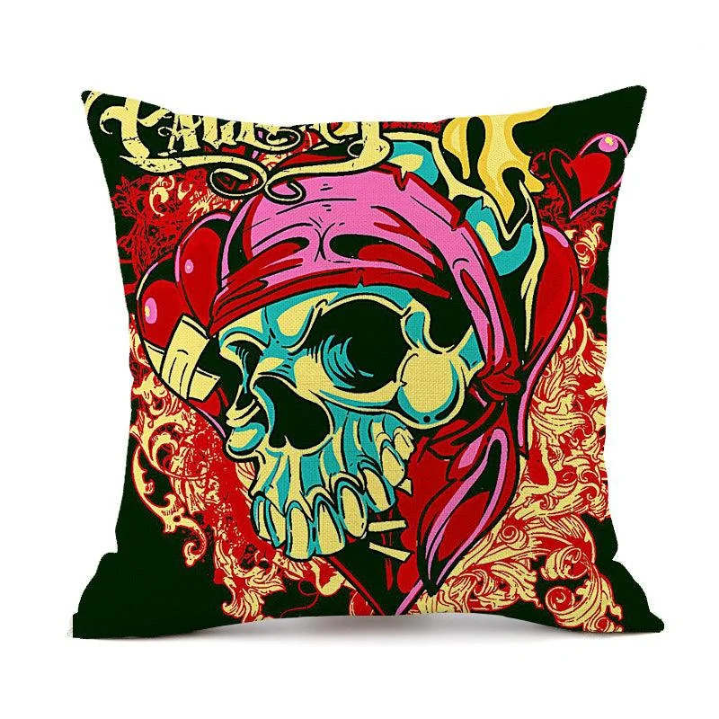 Halloween Personalized Retro Skull Linen Print Throw Pillow Cushion Cover -  - #tag1#