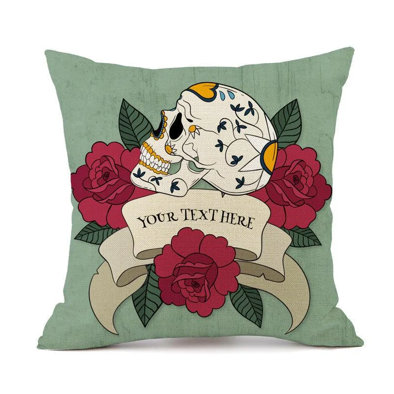 Halloween Personalized Retro Skull Linen Print Throw Pillow Cushion Cover -  - #tag1#