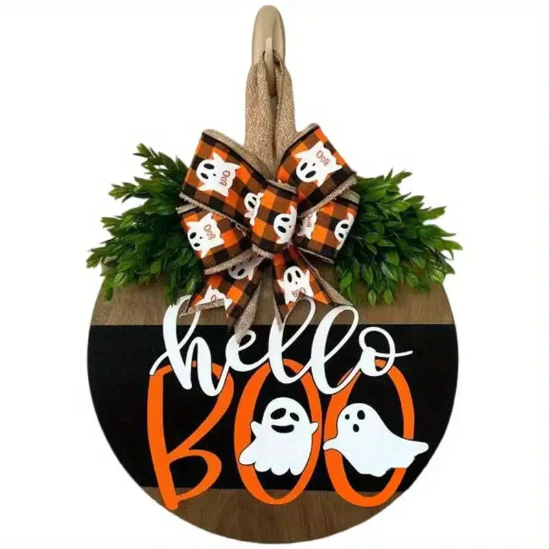 Halloween Round Wooden Board Front Door Decoration Wreath -  - #tag1#