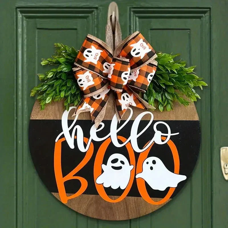 Halloween Round Wooden Board Front Door Decoration Wreath -  - #tag1#