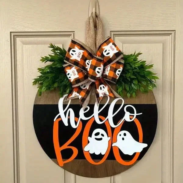Halloween Round Wooden Board Front Door Decoration Wreath -  - #tag1#