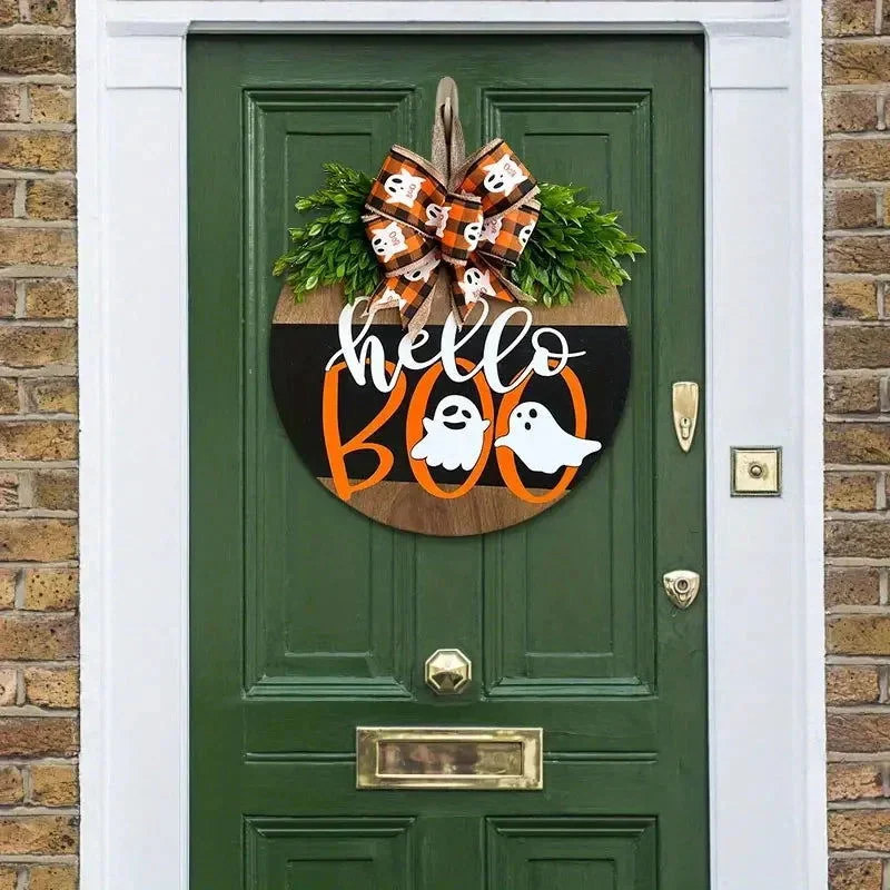 Halloween Round Wooden Board Front Door Decoration Wreath -  - #tag1#