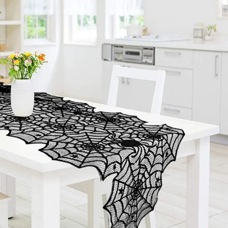 Halloween Table Cloth Black Lace Cover Table Runner Spiderweb Fireplace Scarf Table Decor Halloween Decorations For Home tag1