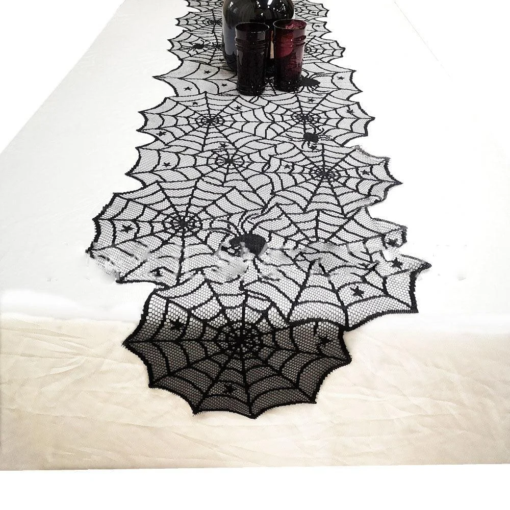 Halloween Table Cloth Black Lace Cover Table Runner Spiderweb Fireplace Scarf Table Decor Halloween Decorations For Home -  - #tag1#