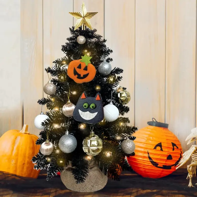 Halloween Tabletop Christmas Tree With Lights And Ornaments tag1