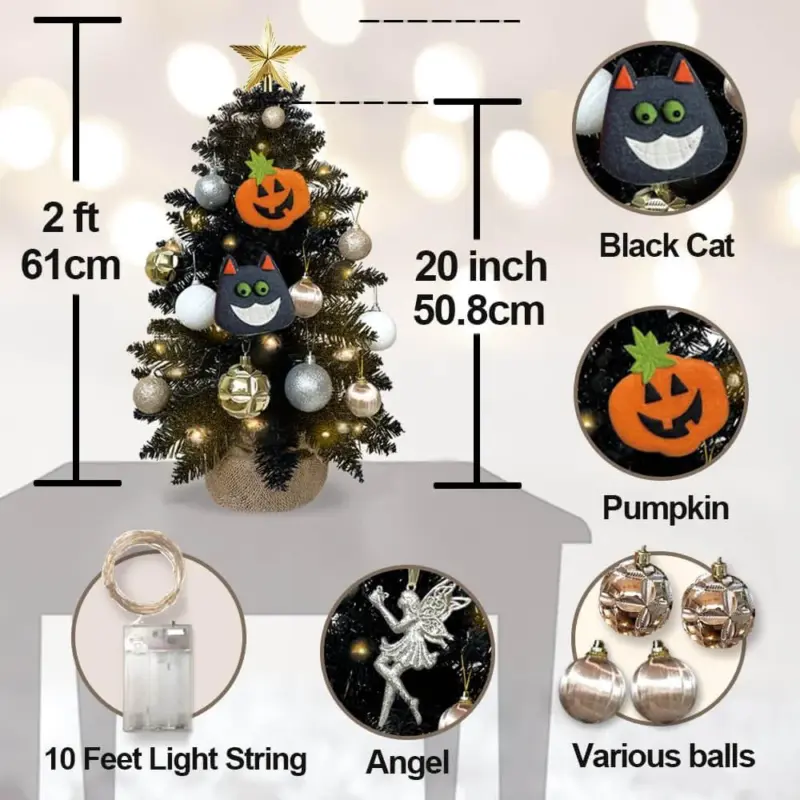 Halloween Tabletop Christmas Tree With Lights And Ornaments tag1