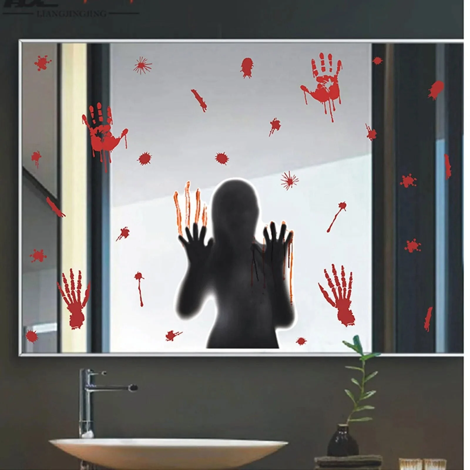 Halloween Wall Stickers Glass Ghost Decorations - Self Adhesive Horror Blood Fingerprints Stickers -  - #tag1#