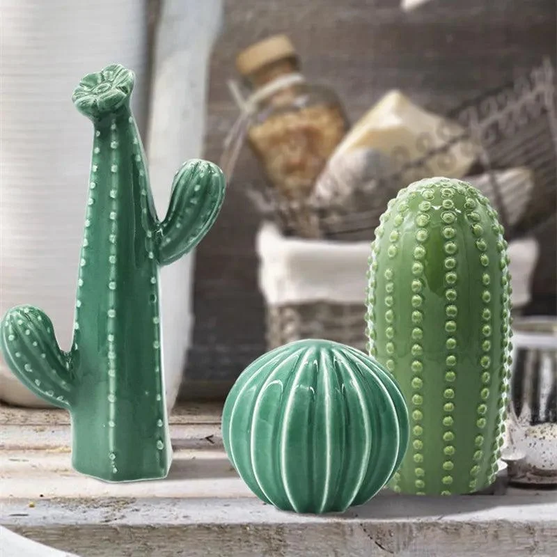 Hand-Crafted Green Ceramic Cactus Sculpture -