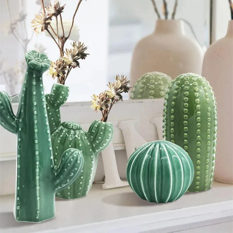 Hand-Crafted Green Ceramic Cactus Sculpture -