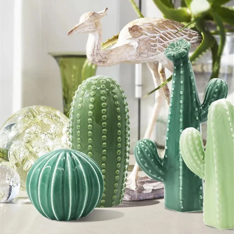 Hand-Crafted Green Ceramic Cactus Sculpture -