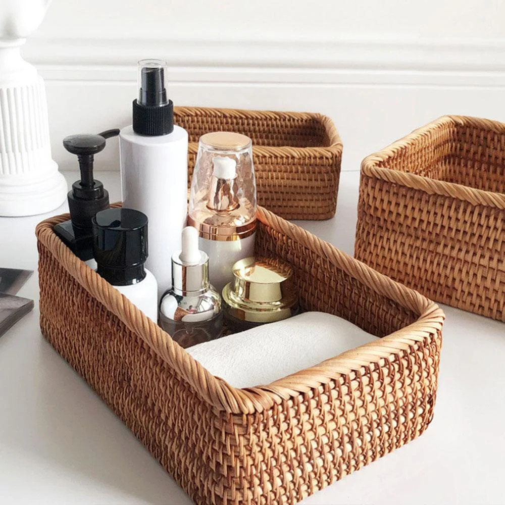 Hand Woven Rectangular Rattan Wicker Basket Fruit Tea Snack Bread Picnic Cosmetic Storage Box Kitchen Supplies