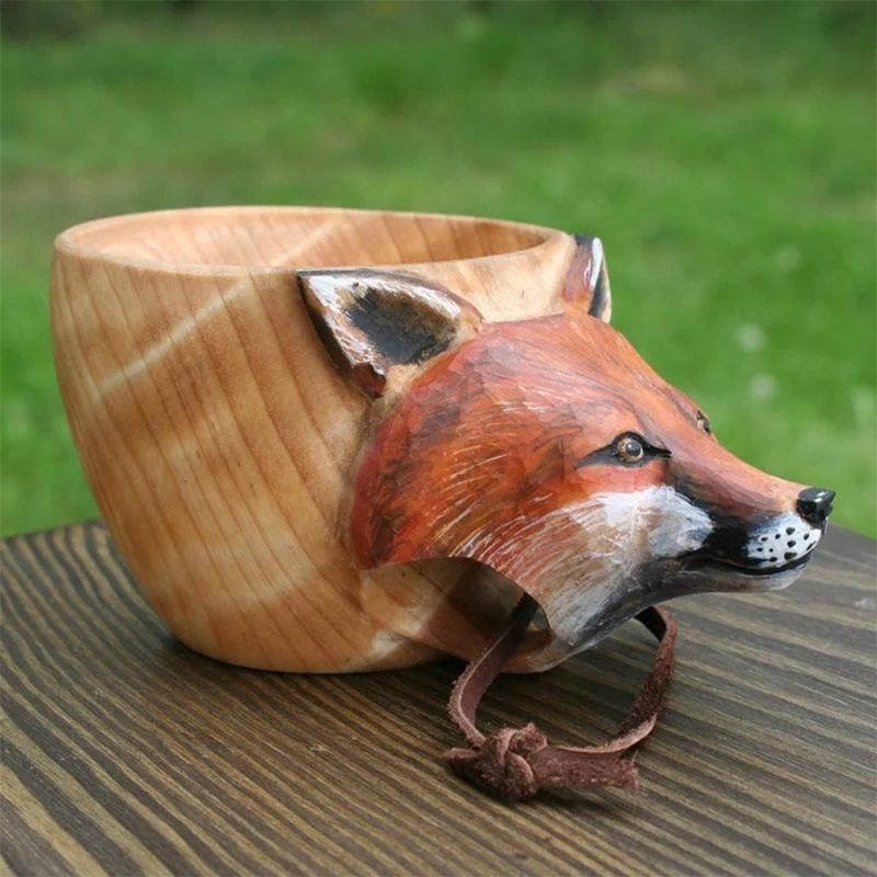 Hand Carved Animals Head Wooden Mug Cup -  - #tag1#