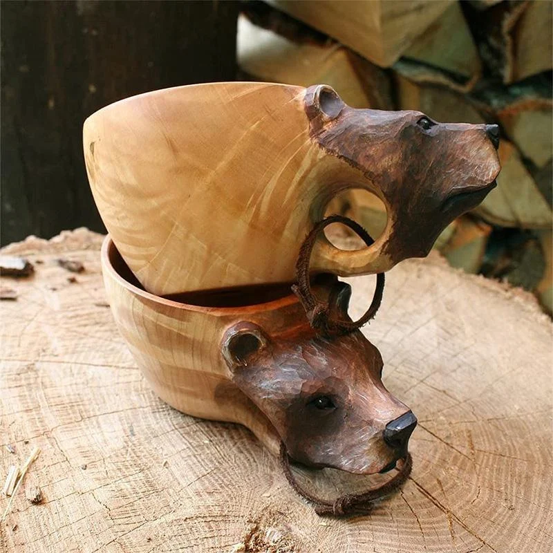 Hand Carved Animals Head Wooden Mug Cup -  - #tag1#