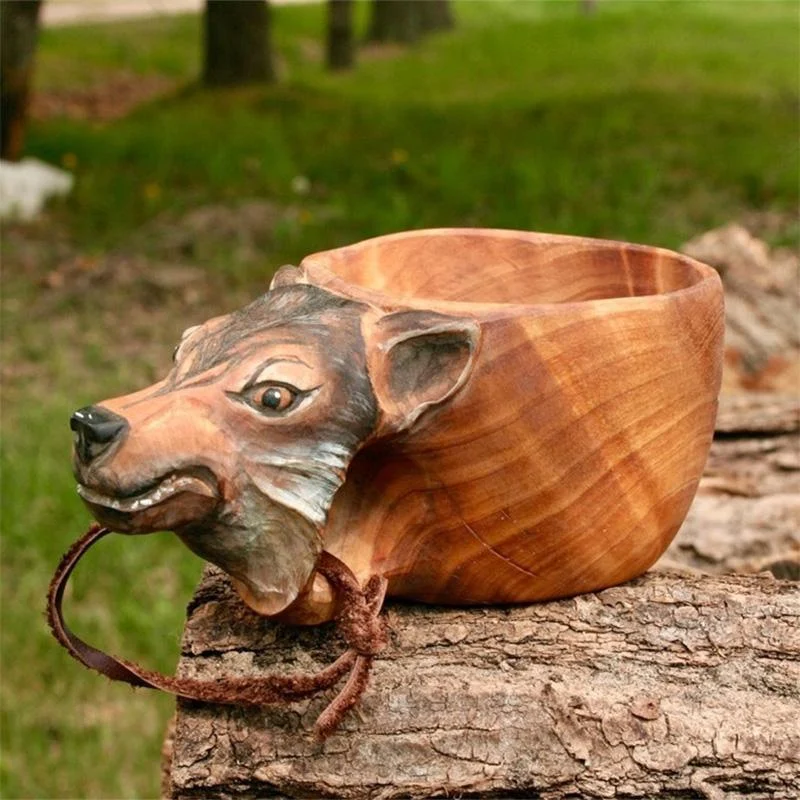 Hand Carved Animals Head Wooden Mug Cup -  - #tag1#