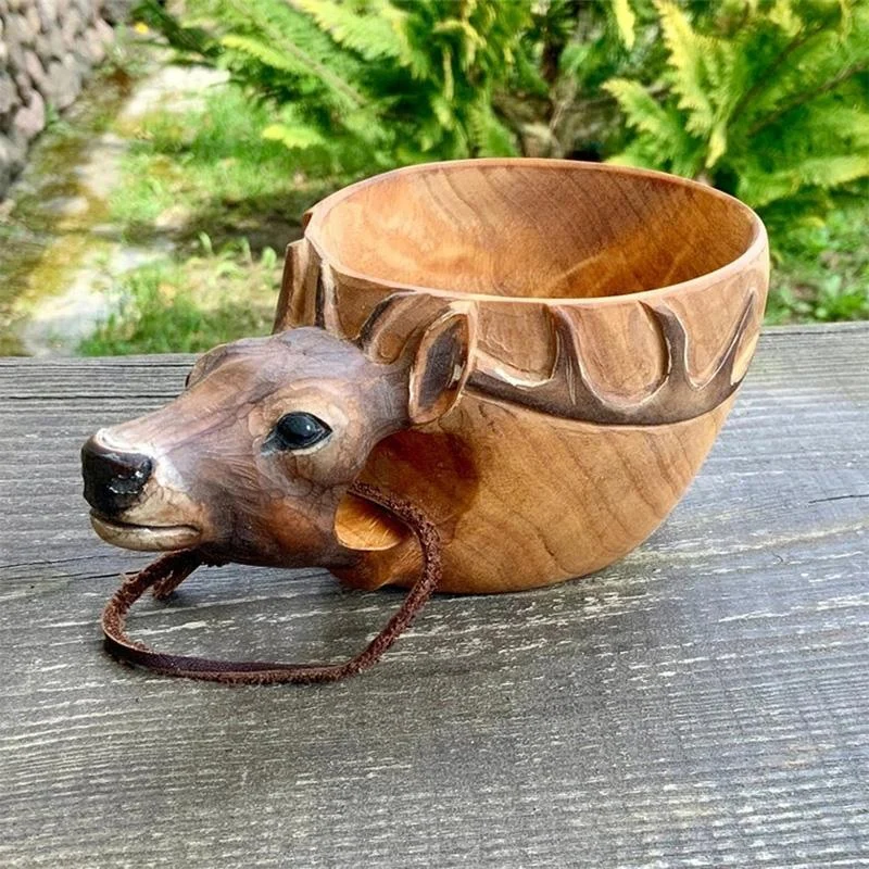Hand Carved Animals Head Wooden Mug Cup -  - #tag1#