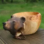 Hand Carved Animals Head Wooden Mug Cup tag1