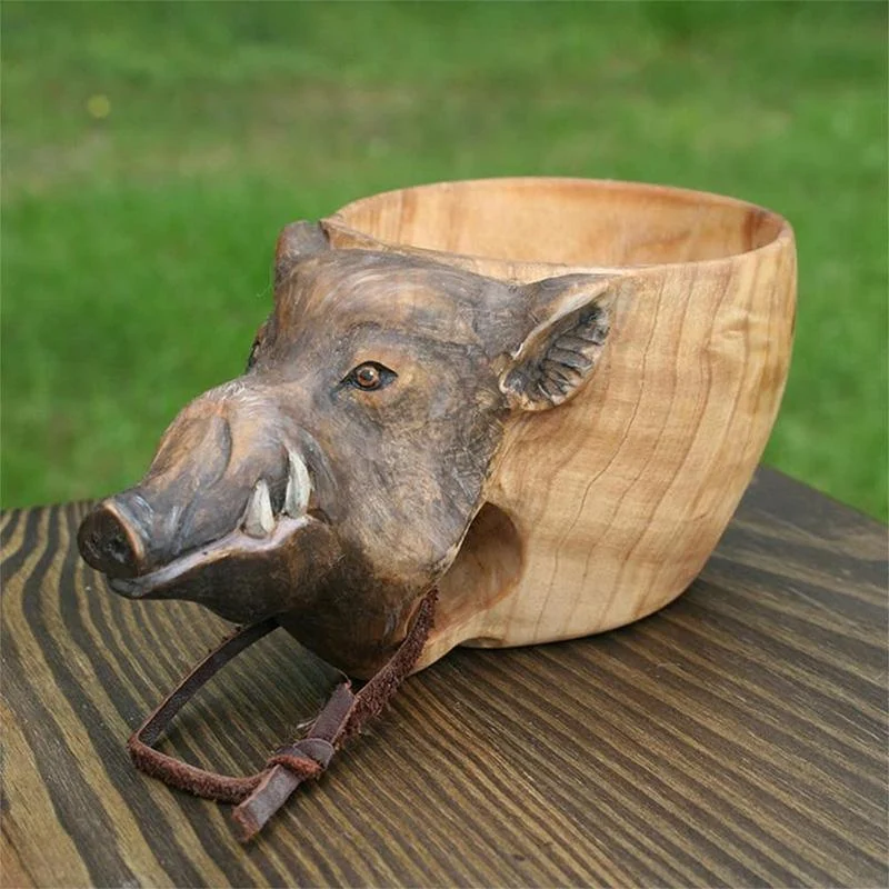 Hand Carved Animals Head Wooden Mug Cup -  - #tag1#