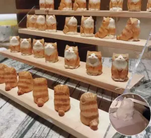 Hand Carved Painted Orange Wooden Cat Figurines