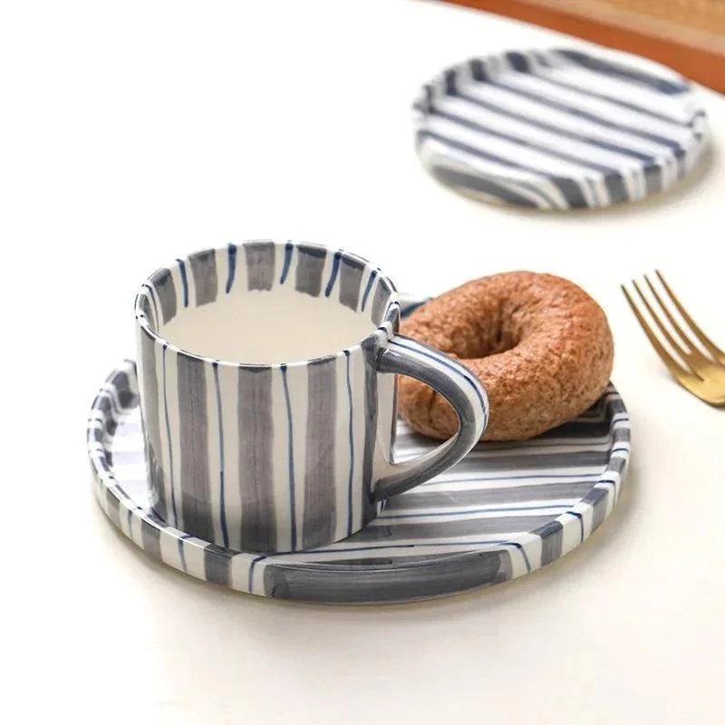 Hand Drawn Striped Ceramic Mug & Saucer Set -  - #tag1#
