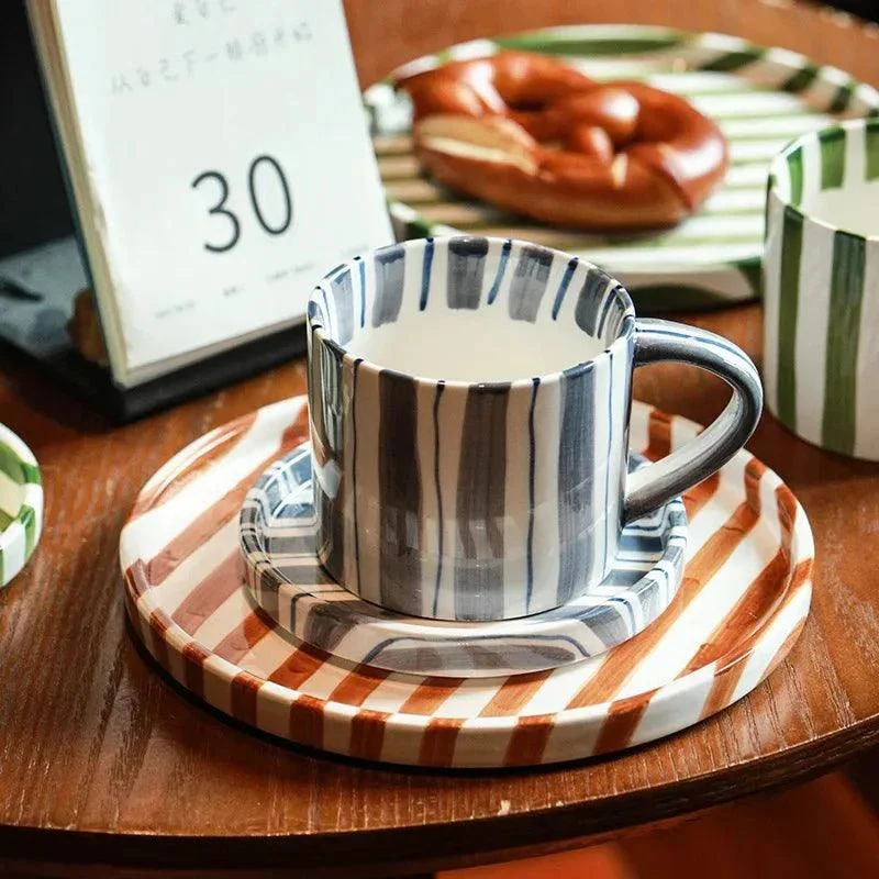 Hand Drawn Striped Ceramic Mug & Saucer Set -  - #tag1#