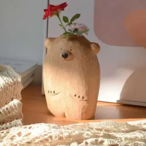 Handcrafted Woodcarving Bear Wooden Animal Vase - 