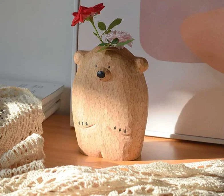 Handcrafted Woodcarving Bear Wooden Animal Vase -