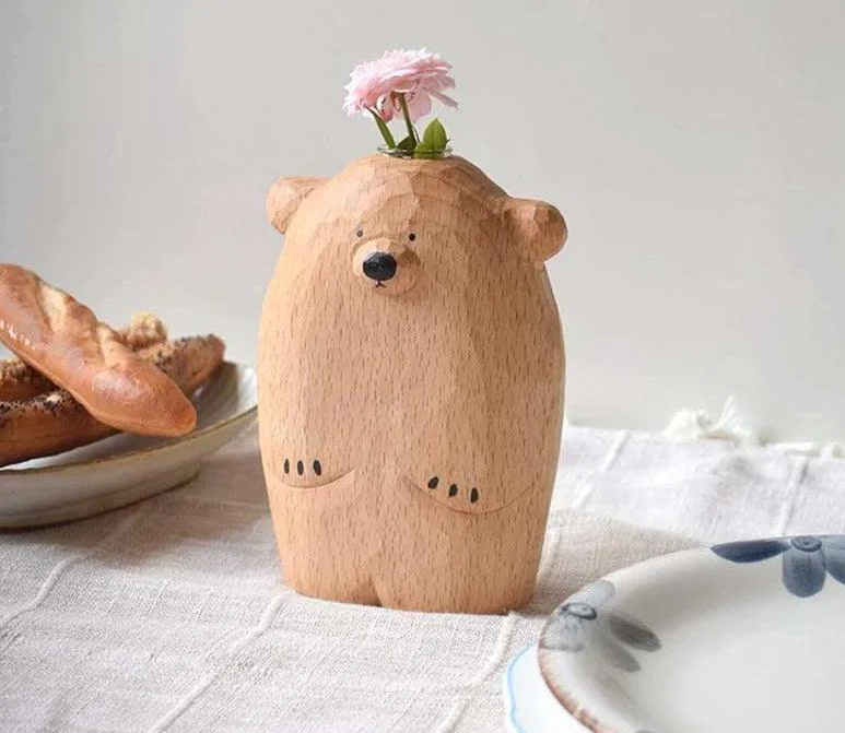 Handcrafted Woodcarving Bear Wooden Animal Vase -