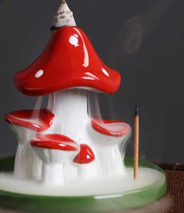 Handicrafted Cute Ceramic Backflow Mushroom Incense Holder - 