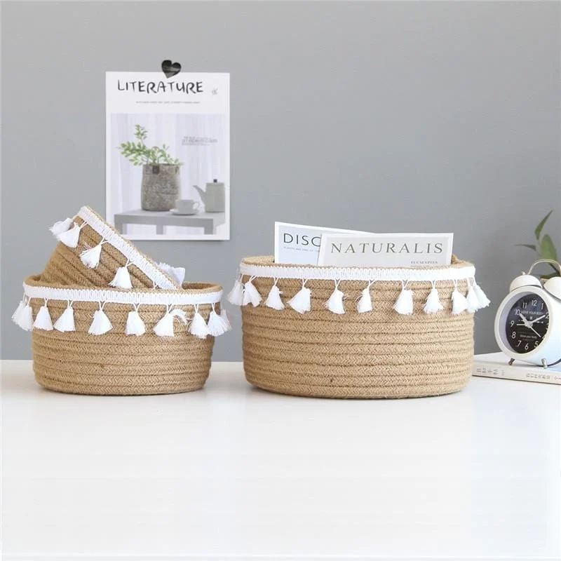 Handmade Desktop Storage Basket Sundries Toys Storage Box Tassel Cosmetic Book Organizer Stationery Container For Home