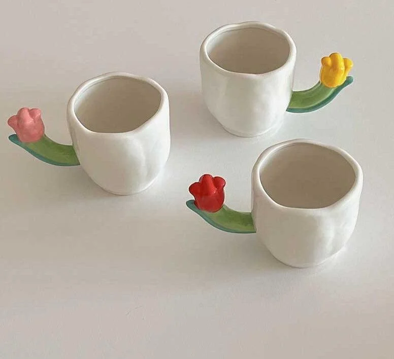 Handmade Ceramic Tulip Mug with Floral Spoon -