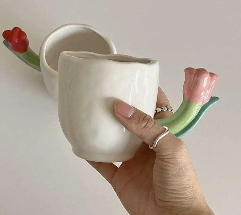 Handmade Ceramic Tulip Mug with Floral Spoon -