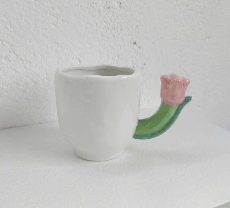 Handmade Ceramic Tulip Mug with Floral Spoon -