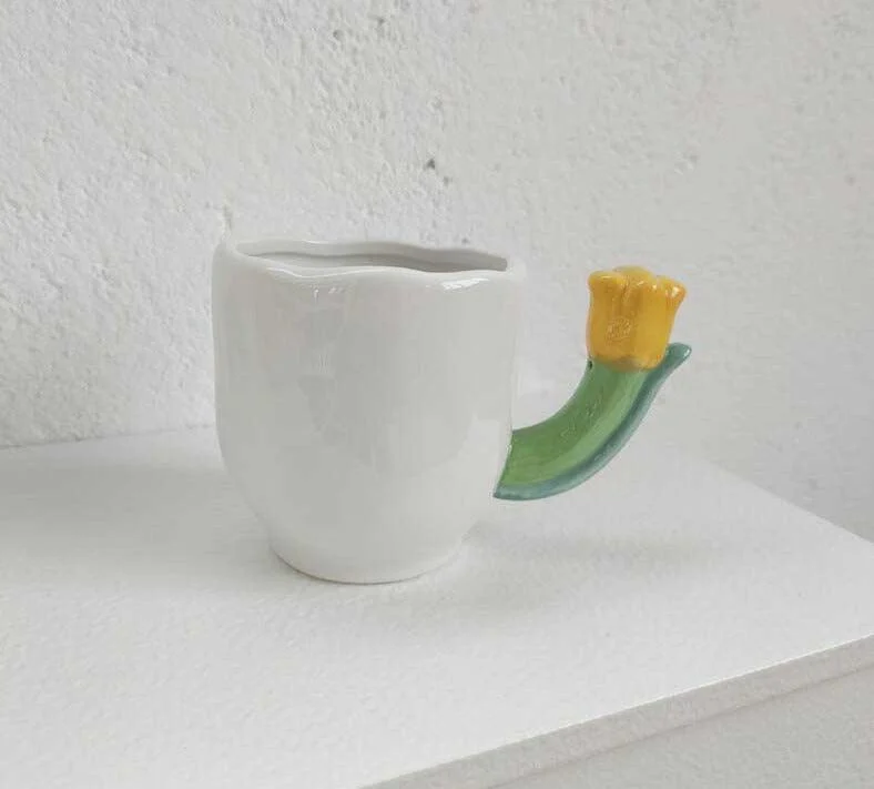 Handmade Ceramic Tulip Mug with Floral Spoon -