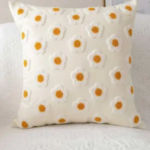 Handmade Embroidered Daisy Floral Pillow Cover - 