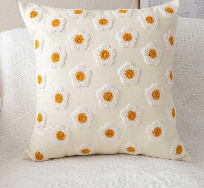 Handmade Embroidered Daisy Floral Pillow Cover -