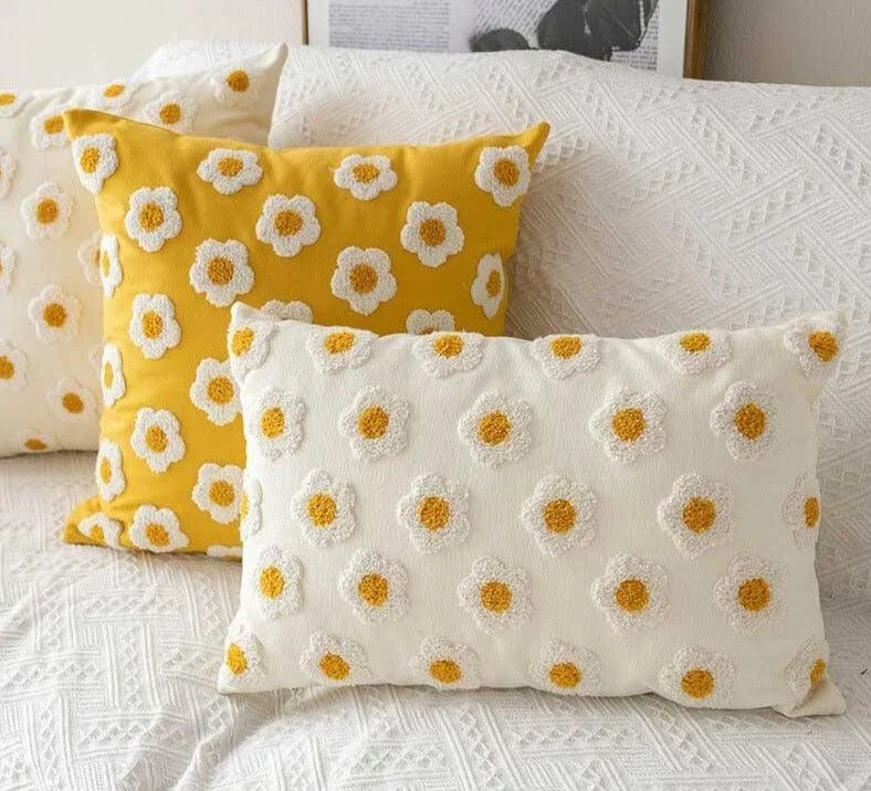 Handmade Embroidered Daisy Floral Pillow Cover -