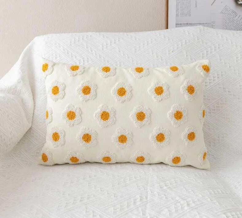 Handmade Embroidered Daisy Floral Pillow Cover -